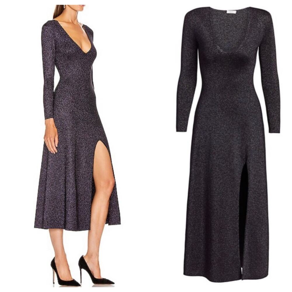 A.L.C. Midi Dress Knit Long Sleeve V-Neck Purple Metallic New